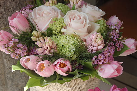 pink rose, tulip and white hydrangea bouquet thumbnail
