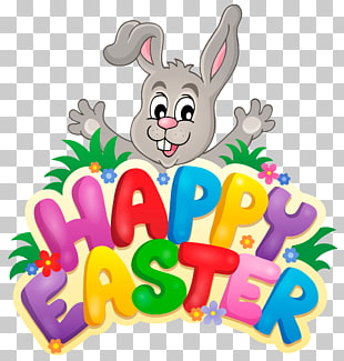 Easter Bunny , Transparent Happy Easter with Bunny , gray rabbit Happy Easter text overlay PNG clipart