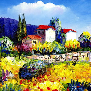 yellow flower field near white house painting thumbnail