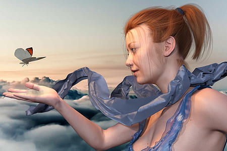 woman looking on gray and red butterfly thumbnail