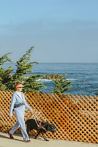 walking woman with black Labrador retriever on sidewalk at daytime thumbnail