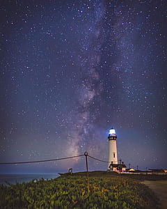 lighthouse near body of water and grass field thumbnail