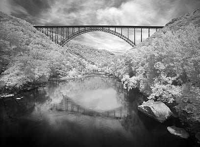 grayscale photography of suspension bridge thumbnail