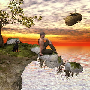 edited photo of man sitting on cliff during daytime thumbnail