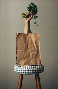right human hand holding green leaf vegetable in brown paper bag on white-and-black checked padded stool thumbnail