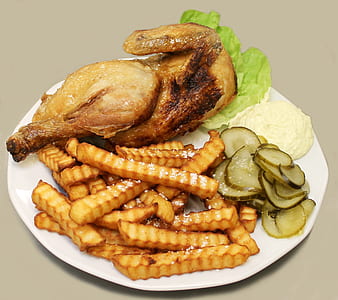 roasted chicken, potato fries and cabbage thumbnail