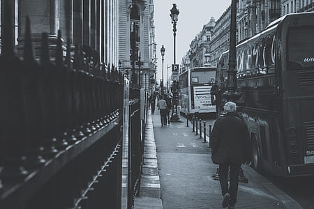 grayscale photo of people walking on sidewalk thumbnail