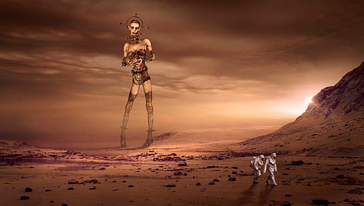 two astronauts walking on brown surface at daytime thumbnail