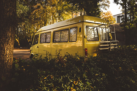 selective focus photography of yellow van surrounded with trees thumbnail