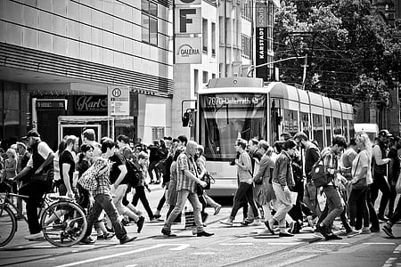 grayscale photography of city tram thumbnail