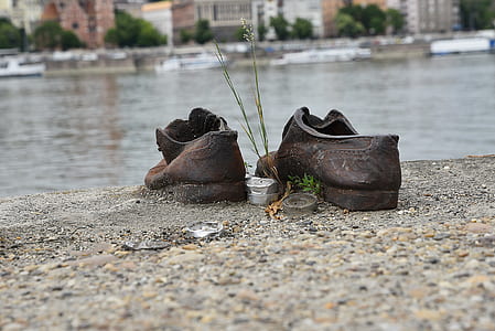 brown leather shoes on curb near wet road at daytime thumbnail