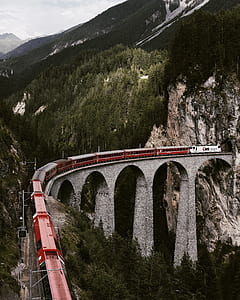 red and white train on concrete bridge thumbnail