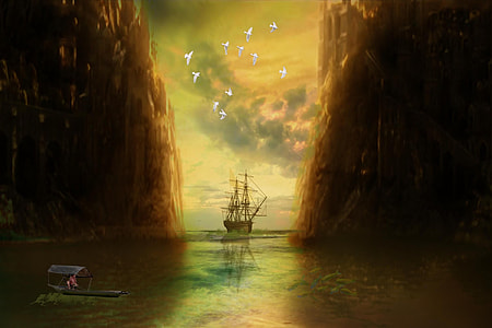 galleon ship on body of water during sunset thumbnail
