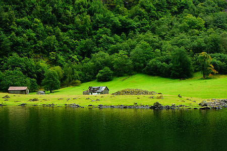 houses near body of water and hill mountain forest thumbnail