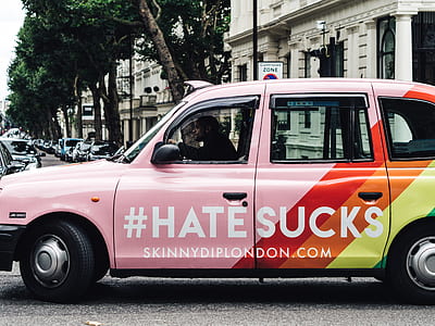 multicolored vehicle with hate sucks print on road thumbnail