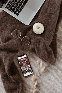 Laptop, glasses & small white pumpkin thumbnail