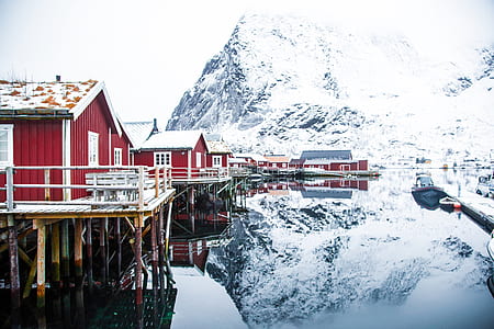 red and white wooden house on top of body of water thumbnail