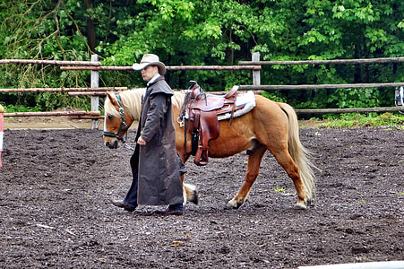 man walking with horse near trees during daytime thumbnail