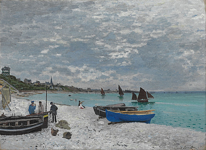 three men standing beside boat on seashore painting thumbnail