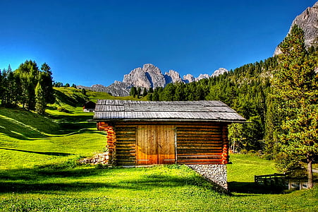brown wooden shed on grass field beside mountain thumbnail