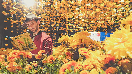 rule of thirds photography of man reading book surrounded by yellow flowers thumbnail