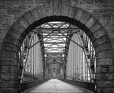 grayscale photo of empty metal bridge thumbnail