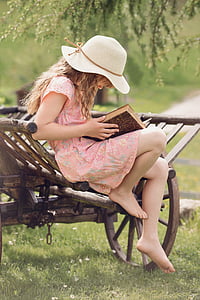 girl in pink and multicolored floral dress holding book sitting on brown wooden carriage thumbnail