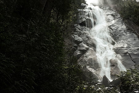 grayscale photo of plunge waterfalls thumbnail