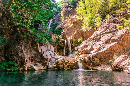 landscape photography of waterfall between forest trees thumbnail