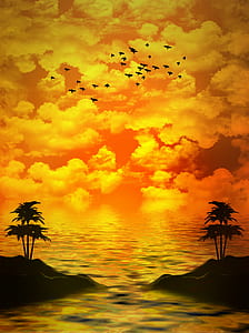 painting of birds flying above palm trees near body of wateor thumbnail