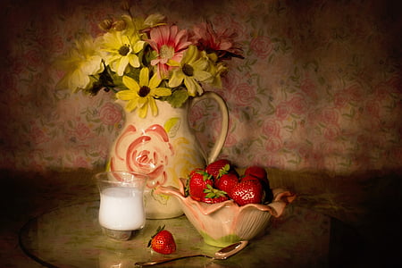 bunch of strawberries and flowers on bowl and vase painting thumbnail