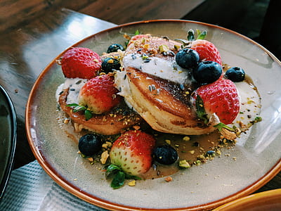 waffle with strawberry on plate thumbnail