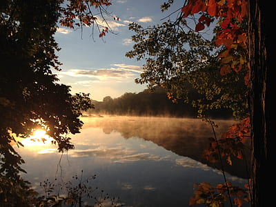 body of water near green trees during golden hour thumbnail