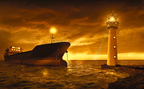 white and black lighthouse surrounded by body of water near cruiser ship at golden hour thumbnail