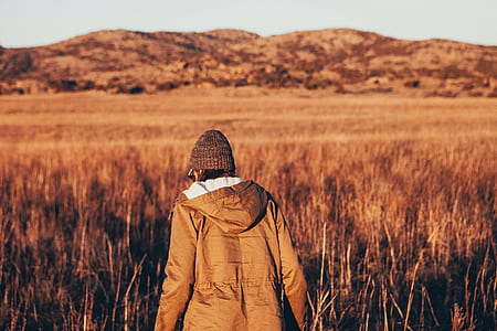 person walking towards mountain on grass field thumbnail