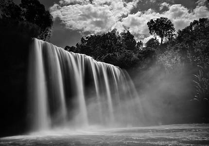 grayscale photo of waterfall thumbnail
