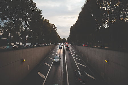 vehicles on 4-lanes asphalt road near trees during night time thumbnail