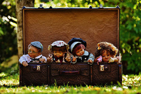 four dolls inside brown suitcase on grass field closeup photo thumbnail