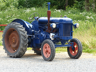 blue tractor on road near white petaled flowers at daytime thumbnail