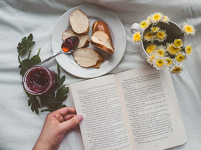 person holding book near bread on plate thumbnail