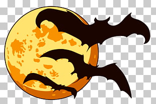 Halloween , Orange Halloween Moon with Bats , black bats flying near moon illustration PNG clipart