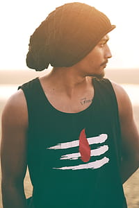 Man Wears Black and White Tank Top and Black Knit Cap thumbnail