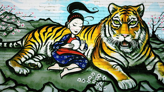 woman leaning on tiger painting thumbnail