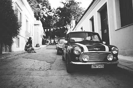 grey scale photo of Mini Cooper thumbnail