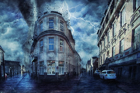 lightning arc hitting concrete buildings with debris on roof top thumbnail