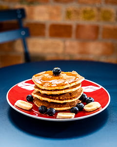 4-layer pancakes with blueberries and banana slices thumbnail