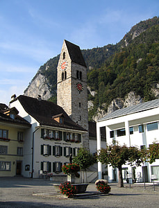 Unterseen town square and village church in Switzerland thumbnail