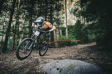 man riding bike at the forest during day thumbnail
