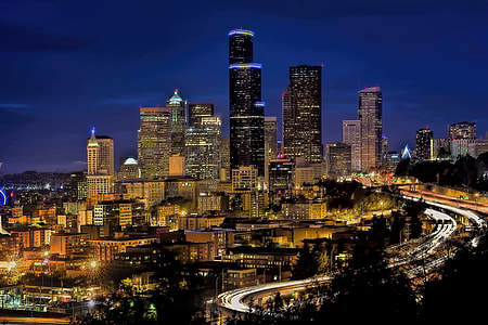 city, night time, skyline, downtown, seattle, cityscape thumbnail