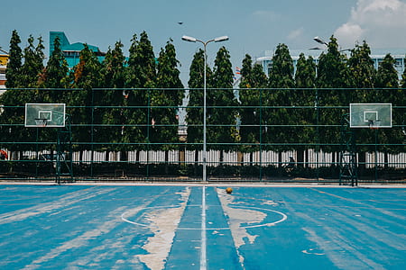 empty basketball court overlooking trees at daytime thumbnail